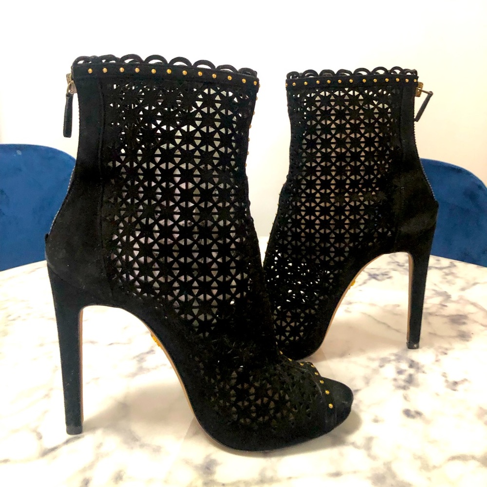 Prada Black Suede Laser Cut Booties